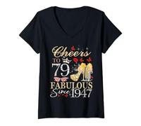 Womens Womens Cheers to 79 Fabulous Since 1947 79th Birthday Queen V-Neck T-Shirt