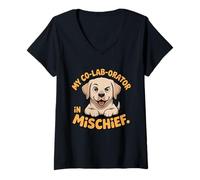 Womens Womens Funny Labrador Dog Mom Tee Co-Lab-Orator in Mischief V-Neck T-Shirt