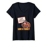 Womens Womens Funny Vegan Thanksgiving Tee Eat Pizza Save a Turkey V-Neck T-Shirt