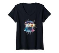 Womens Womens Girls Watercolor Paint Illustration Sea Otter Lover V-Neck T-Shirt