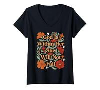 Women's Womens God is Within Her She Will Not Fall Boho Floral V-Neck T-Shirt