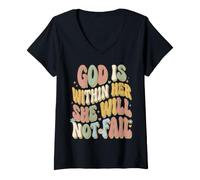 Women's Womens God is Within Her She Will Not Fall Groovy Retro V-Neck T-Shirt