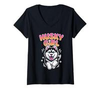 Womens Womens Husky Girl Cute Cartoon for Pet Siberian Dog Owners V-Neck T-Shirt