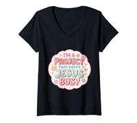 Women's Womens I'm A Project that Keeps Jesus Busy Funny Christian V-Neck T-Shirt