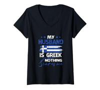 Womens Womens My Husband is Greek Nothing Scares Me Greek Flag V-Neck T-Shirt