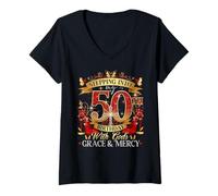 Womens Womens Stepping Into My 50th Birthday With Grace & Faith V-Neck T-Shirt