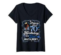 Womens Womens Stepping Into My 70th Birthday With Grace & Faith V-Neck T-Shirt