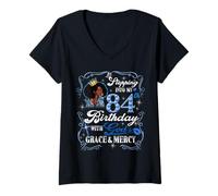 Womens Womens Stepping Into My 84th Birthday With Grace & Faith V-Neck T-Shirt