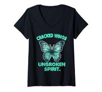 Womens Womens Thyroid Warrior Hypothyroidism Awareness Butterfly V-Neck T-Shirt