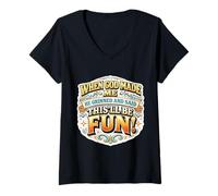 Women's Womens When God Made Me He Grinned and Said This'll Be Fun V-Neck T-Shirt
