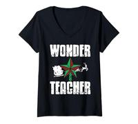 Womens Wonder Teacher Shining Star Holiday Educator Hero Theme V-Neck T-Shirt
