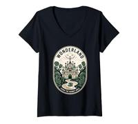 Women's Wonderland Down The Rabbit Hole Smiling Cat Vintage Emblem V-Neck T-Shirt