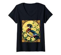 Womens Wood Duck Aix sponsa and Jasmine Flowers V-Neck T-Shirt