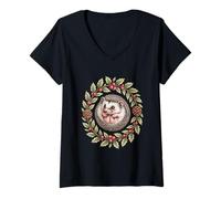 Womens Woodland Hedgehog in Holly Pinecone Christmas Wreath V-Neck T-Shirt