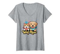 Womens Woof n Meow Cute Cat and Dog Friends V-Neck T-Shirt