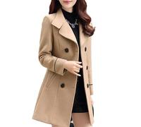 Women's Wool Blend Pea Coats Mid-Long Overcoat Notched Lapel Double Breasted Trench Coat Fall Winter Jackets, Khaki-1, M