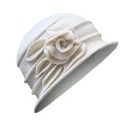 Womens Wool Bucket Hat 1920s Vintage Cloche Round Warm Fedora Hats Cable Knit with Sequined Flower Beanie Winter Hat (White)
