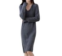 Women's Wool Knit Sweater Dress Winter V-Neck Knee Length Jumpers Dresses Solid Long Thicken Jumper Dark Gray M