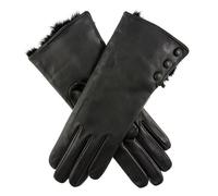 Women's Wool-Lined Leather Gloves with Fur Cuffs - BLACK / 7.5