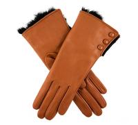 Women's Wool-Lined Leather Gloves with Fur Cuffs - COGNAC / 6.5