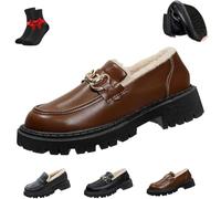 Women's Wool Lining Thick Sole Leather Loafers,Slip-On Platform Chunky Heel Loafers,Warm & Comfy Waterproof Shoes(Brown,5.5 UK)