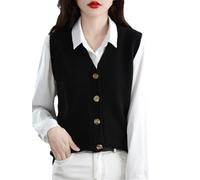 Women's Wool V-Neck Button Sleeveless Cardigan Knit Vest(Black,S)