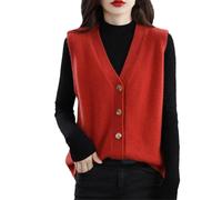 Women's Wool V-Neck Button Sleeveless Cardigan Knit Vest(Red,M)