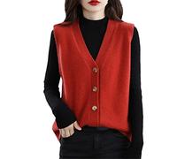 Women's Wool V-Neck Button Sleeveless Cardigan Knit Vest Vermilion