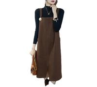 Women's Woolen Strap Vintage Solid Sleeveless Loose Midi Dress Simple Chic Split Pockets Dresses Coffee L