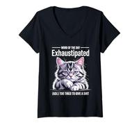 Womens Word of The Day Exhaustipated Cat Humor V-Neck T-Shirt