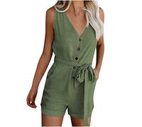 Womens Work Jumpsuit Casual Elegant Sleeveless One Piece Shorts Rompers with Belt Ladies Plain V Neck Button Down Jump Suit Women's All In One Playsuit with Pockets