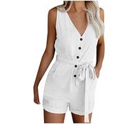Womens Work Jumpsuit Casual Elegant Sleeveless One Piece Shorts Rompers with Belt Ladies Plain V Neck Button Down Jump Suit Women's All In One Playsuit with Pockets