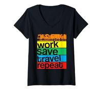 Womens Work Save Travel Repeat - Vintage Globetrotter Traveling V-Neck T-Shirt