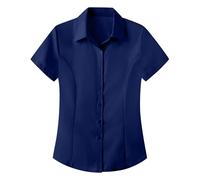 Womens Work Tops - Womens Work Button Short Sleeve Shirts Ladies Regular Fit Formal Office Shirts Petite Wrinkle Free Collared Casual Dressy Blouse Solid Premium Fitted Workwear Navy
