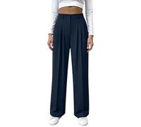 Womens Work Trousers High Waisted Pleated Trousers Comfy Straight Wide Leg Loose Formal Business Office Suit Pants with Pockets Soft Lounge Baggy Lightweight Bottom Going Out Navy