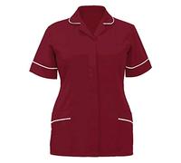Womens Work Wear Tunic Uniform Top Ladies Collared V Neck Style Tunics Top Uniforms(Burgundy/White UK 16