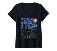 Women's Working Kelpie Dog Van Gogh Starry Night V-Neck T-Shirt