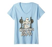 Womens Working On My Boo-ty Funny Halloween Muscular Ghost Spooky V-Neck T-Shirt