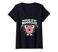 Womens Working On My Mooscles Humor Fitness Gym Doughnut Men Women V-Neck T-Shirt