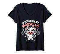 Womens Working On My Mooscles Moo Muscles Workout Funny Cow Gym V-Neck T-Shirt