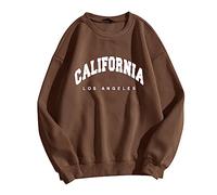 Womens Workou California Los Angeles Sweatshirts for Women Loose Fit Long Sleeve Fashion Hoodies Crew Neck Round Neck Solid Color Y2K Clothes Lightweight Crewneck Sweatshirts Graphic Brown