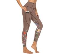Women's Workout Leggings with Pockets Floral High Waisted Tummy Control No See Through Stretch Activewear Running Yoga Pants, Brown Floral, Large