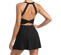 Womens Workout Tennis Dress with Built in Shorts and Bra Athletic Golf Activewear for Exercise, Black, X-Large