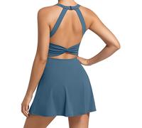 Womens Workout Tennis Dress with Built in Shorts and Bra Athletic Golf Activewear for Exercise, Blue, XL