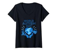 Womens World Autism Day Blue Heart Awareness Design V-Neck T-Shirt