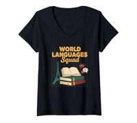 Women's World Languages Squad Books Tower V-Neck T-Shirt