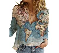 Women's World Map 3D Print T-Shirt, Casual Loose Button UP Front Blouse Button-Up Shirt V-Neck Short Sleeve Casual Top, Blue Map, Large