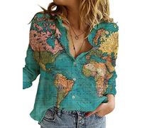 Women's World Map 3D Print T-Shirt, Casual Loose Button UP Front Blouse Button-Up Shirt V-Neck Short Sleeve Casual Top, Green Map, Large