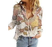 Women's World Map 3D Print T-Shirt, Casual Loose Button UP Front Blouse Button-Up Shirt V-Neck Short Sleeve Casual Top, Apricot Map, X-Large