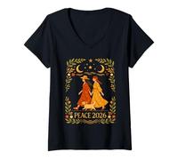 Women's World Peace Monks Walking with Loyal Dog Meditation Scene Om V-Neck T-Shirt